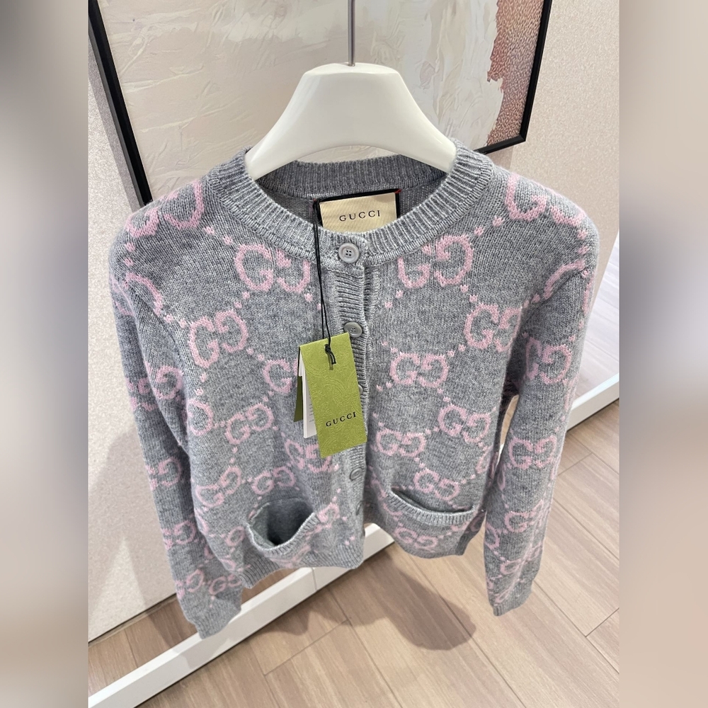 Gucci Pink Logo Gray Cardigan - Picture 2 of 9